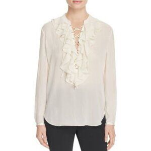 NWT New Theory Rianala Ivory Silk Chiffon Textured Lace Up Ruffle Pirate Blouse